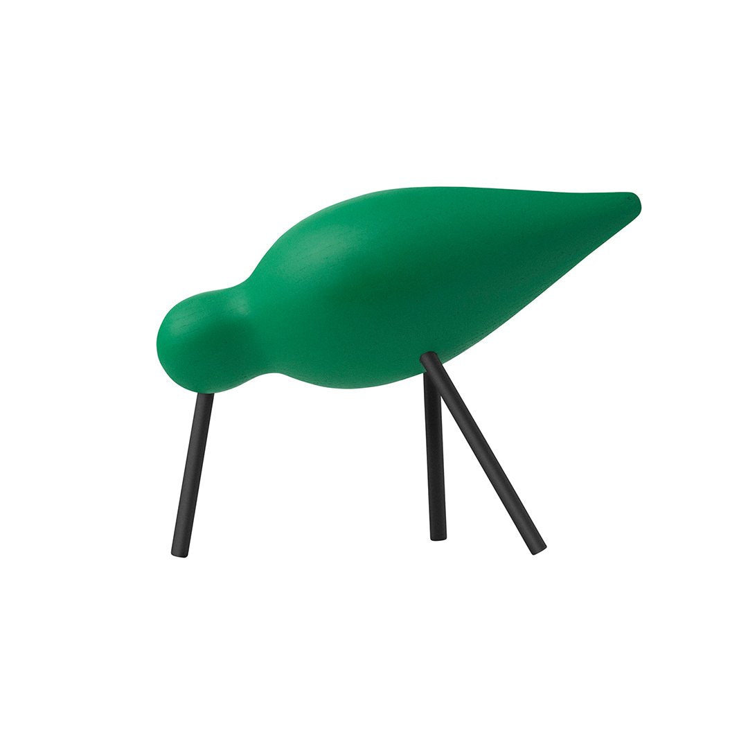 Green decorative bird figurine with a smooth finish and black legs, showcasing a simple, modern design.