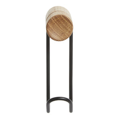 Natural wood grain on a round top with a sleek black metal stand, combining rustic charm and modern design.