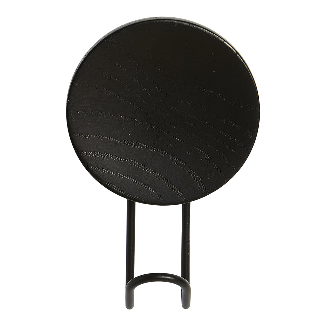 Black circular display stand with a smooth, matte finish and subtle wood grain pattern. Perfect for modern decor.