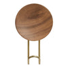 Round wooden table with a rich brown finish and smooth surface, supported by a sleek gold metal base.