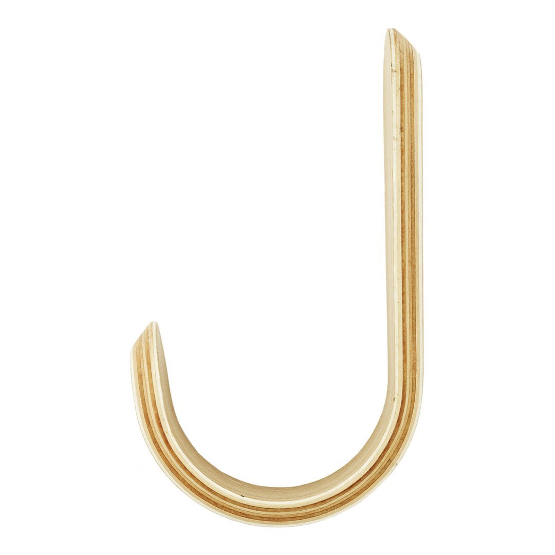 "Gold metal hook with a smooth, shiny finish and simple, curved design."