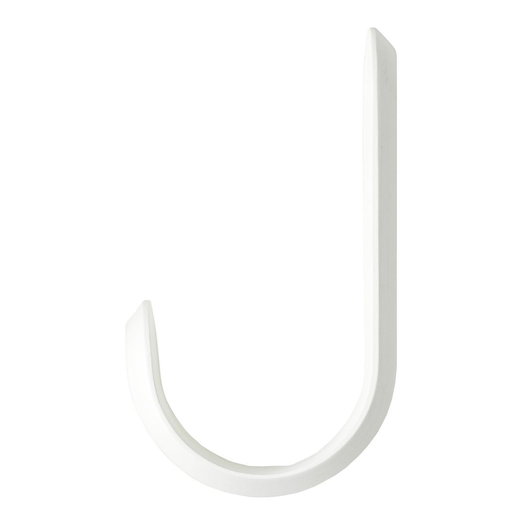 White plastic J-hook with a smooth finish, designed for hanging and organization. Simple and streamlined shape.