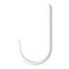 White plastic J-hook with a smooth finish, designed for hanging and organization. Simple and streamlined shape.