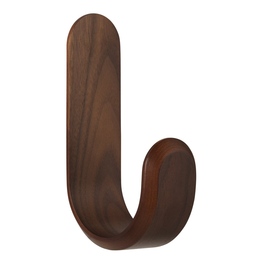 Dark walnut wood hook with a smooth, curved design, showcasing rich brown tones and natural wood grain patterns.