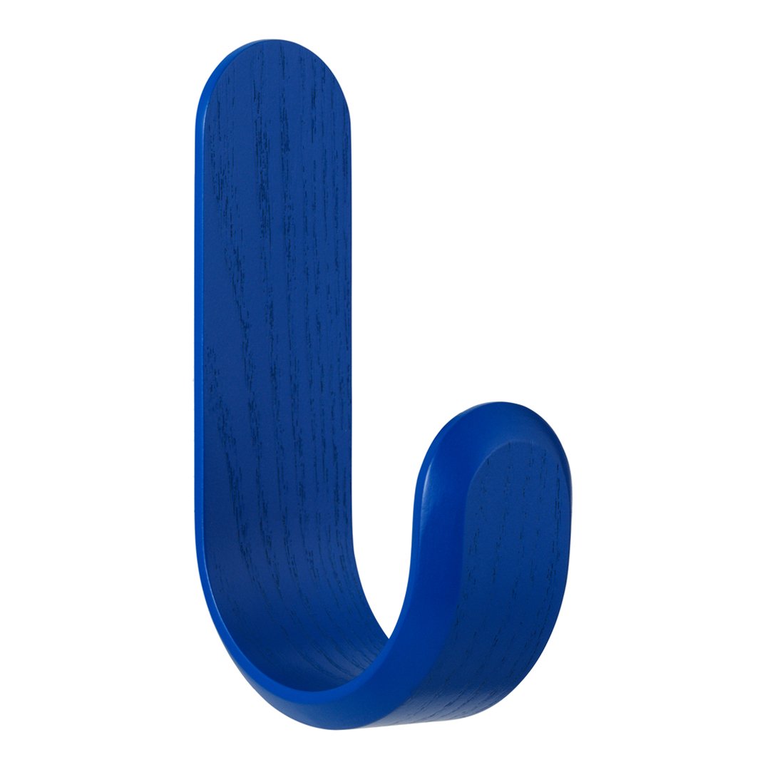 Blue curved wall hook with a smooth finish, featuring a modern, minimalist design. Perfect for home decor.