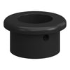 Black round rubber grommet with smooth finish and a central hole, ideal for various applications.
