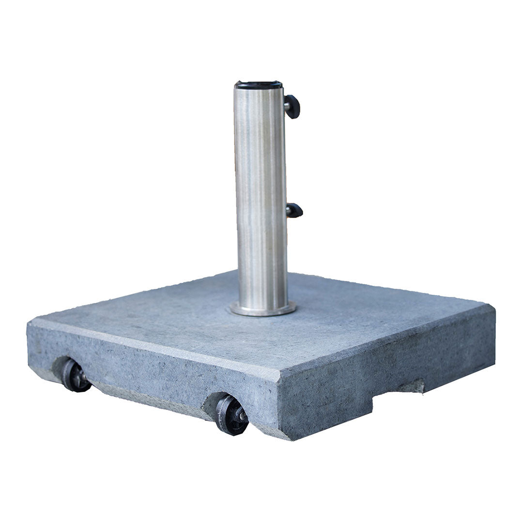 Gray concrete umbrella base with a sleek silver pole and black wheels for easy mobility. Simple and functional design.