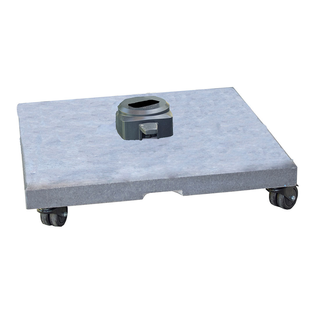Gray concrete base with smooth surface and black wheel casters, featuring a central socket for stability.