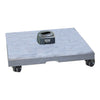 Gray concrete base with smooth surface and black wheel casters, featuring a central socket for stability.