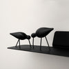 Two sleek black decorative birds on a minimalist black shelf, featuring smooth curves and subtle textures.