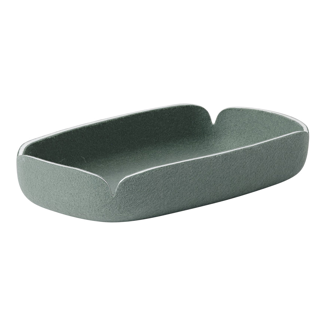 Sleek, rectangular tray in muted green with a textured finish and subtle white edging. Ideal for stylish organization.
