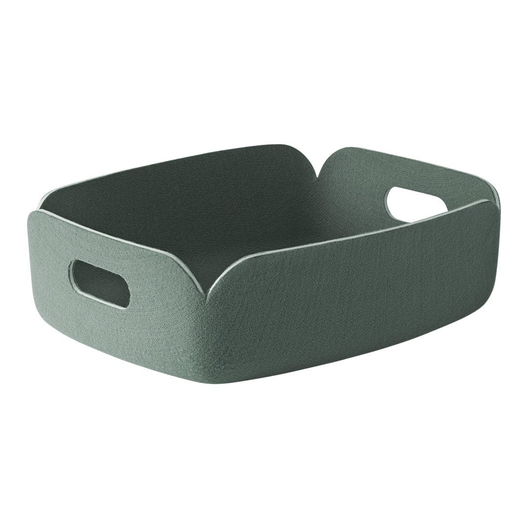 Green textured storage basket with rounded edges and handles, perfect for organizing any space.