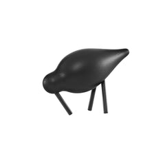 Black decorative bird sculpture with sleek, smooth surface and minimalistic design. Ideal for modern decor.