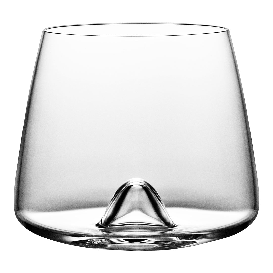 Clear glass tumbler with a unique inverted design at the base, showcasing a smooth, modern finish.
