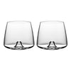 Set of two clear glass tumblers with a smooth, minimalist design and subtle curved base, showcasing a contemporary style.
