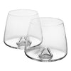 Clear glass tumblers with a unique, modern base design, showcasing a sleek, minimalist aesthetic.