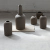 Set of five matte, neutral-toned ceramic vases in organic shapes with a subtle, textured finish on a light surface.