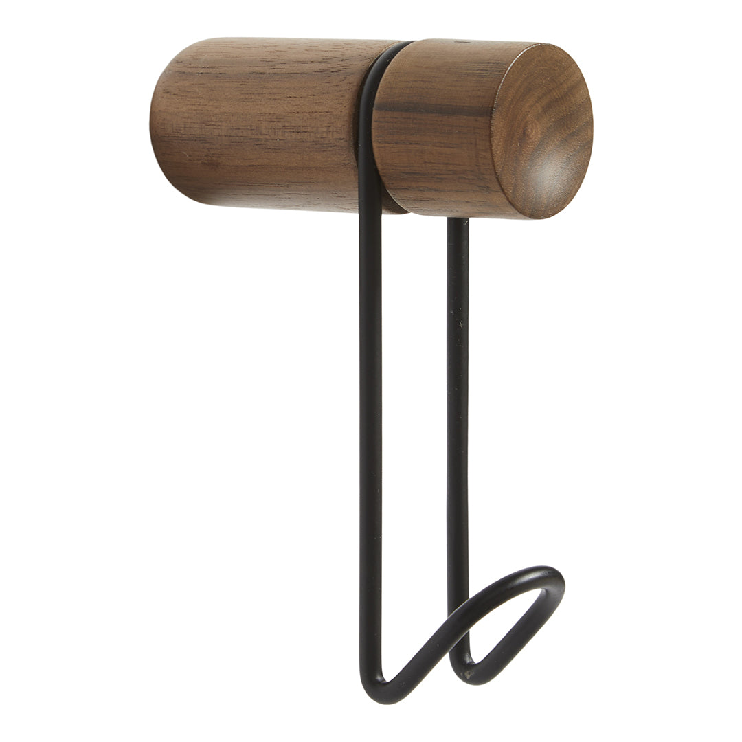 Wooden wall hook with a rich brown finish and sleek black metal accents, featuring a minimalistic design.