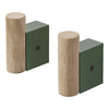 Pair of wall hooks featuring an oak finish and muted olive green square accents, combining natural and modern aesthetics.