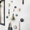 Colorful wall hooks featuring wood, black, white, green, and gray finishes in a modern, minimalist arrangement.