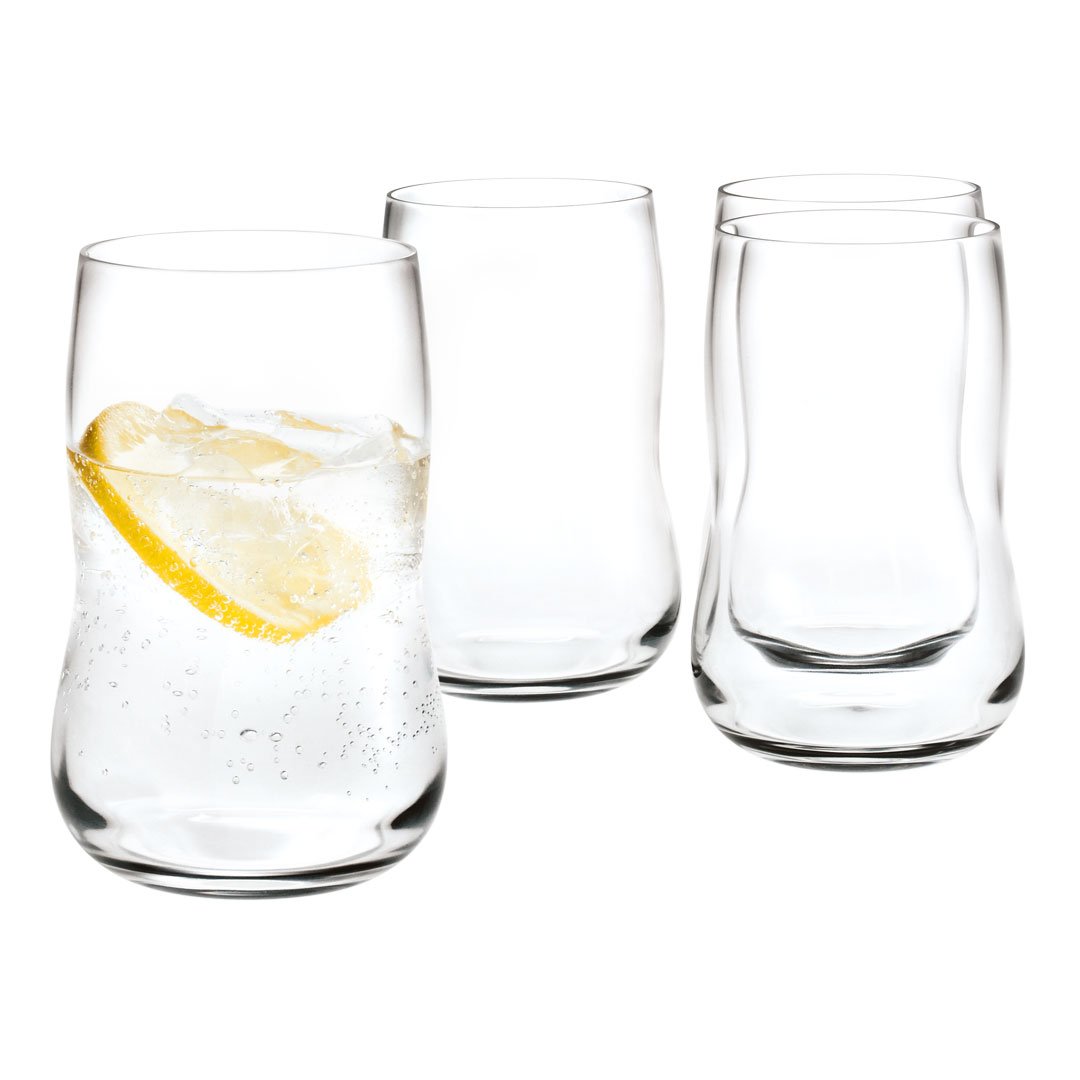 Set of four sleek, curved clear drinking glasses featuring a smooth surface and elegant design, perfect for any occasion.