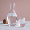 Clear glass water pitcher and tumbler with a smooth, modern design against a soft pink background.