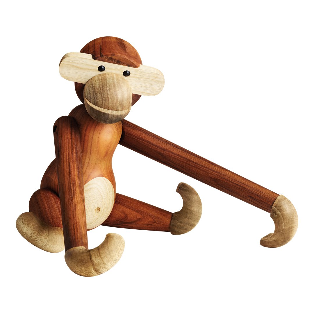 Wooden monkey figurine with brown and beige tones, featuring a smooth finish and playful design. Ideal for decor.