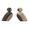 Set of two wooden bird figures in natural tones, featuring contrasting dark and light wood patterns.