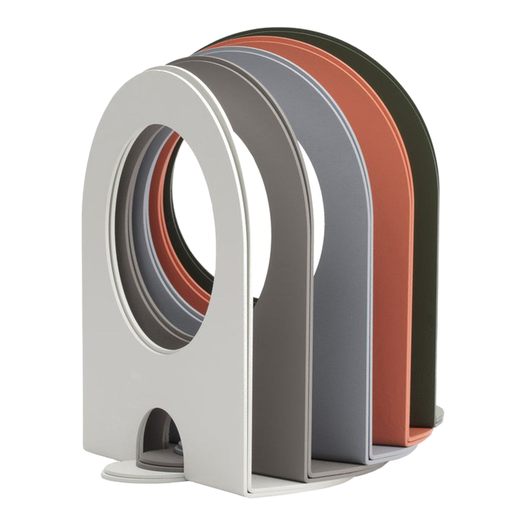 Modern organizer with curved grey, white, terracotta, green, and silver design elements. Perfect for stylish storage.