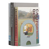 Modern pastel blue bookend with a cut-out design, complementing colorful book spines and neutral background colors.