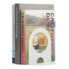 White bookend featuring a cut-out design, paired with colorful book spines in shades of green, blue, and yellow.