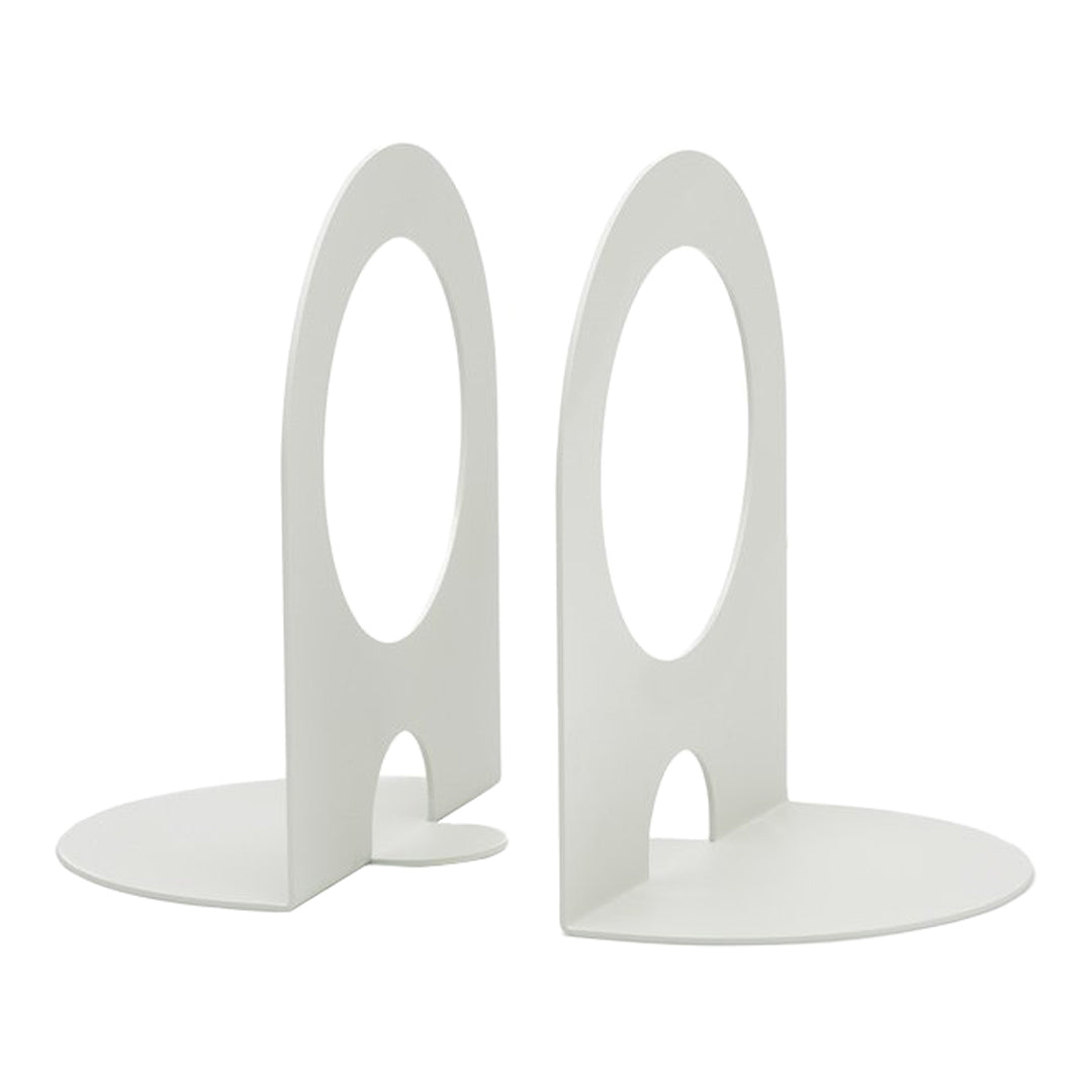 White bookends with smooth, minimalist curves and circular cutouts. Sleek and modern design suitable for various decor styles.