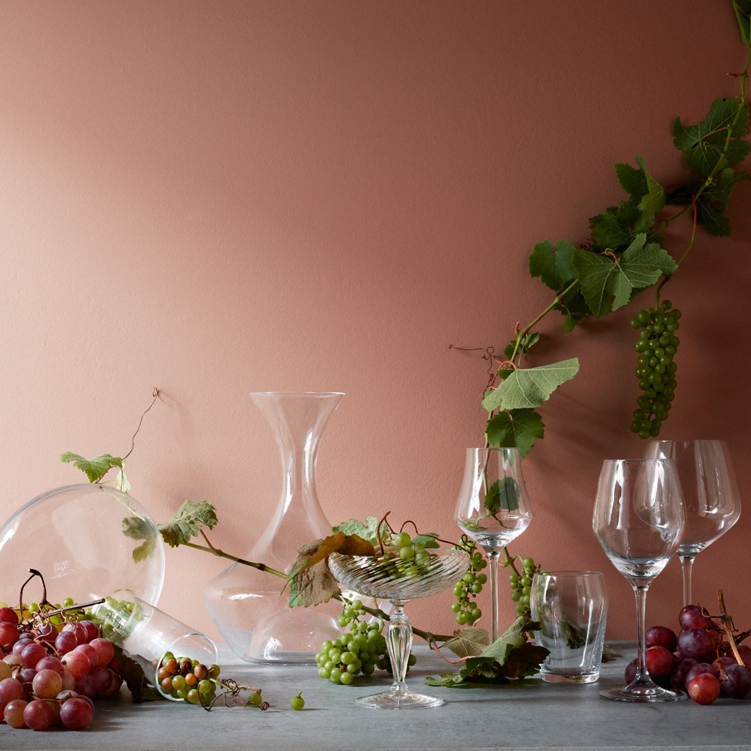 Elegant glassware against a soft peach background, accented by vibrant green vines and rich purple-red grapes.